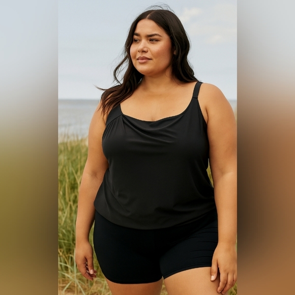 NWT FULLFITALL Black Tankini Swim Top Plus Size 22 Adjustable Straps - Picture 1 of 8